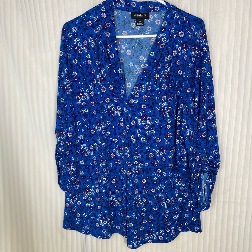 Liz Claiborne Career XXL Blue Floral Blouse Women’s Long Sleeve V Neck Top